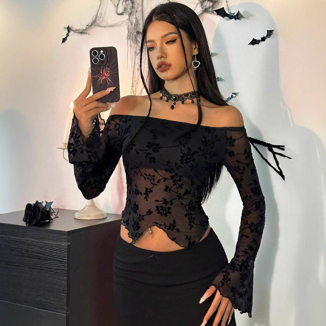 Damen nan transparentes Mesh-Top mit floraler Samt-Flock-Applikation, Carmen-Ausschnitt und kurzem Taillen-Saum EB