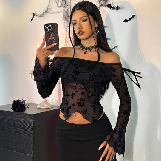 Damen nan transparentes Mesh-Top mit floraler Samt-Flock-Applikation, Carmen-Ausschnitt und kurzem Taillen-Saum EB