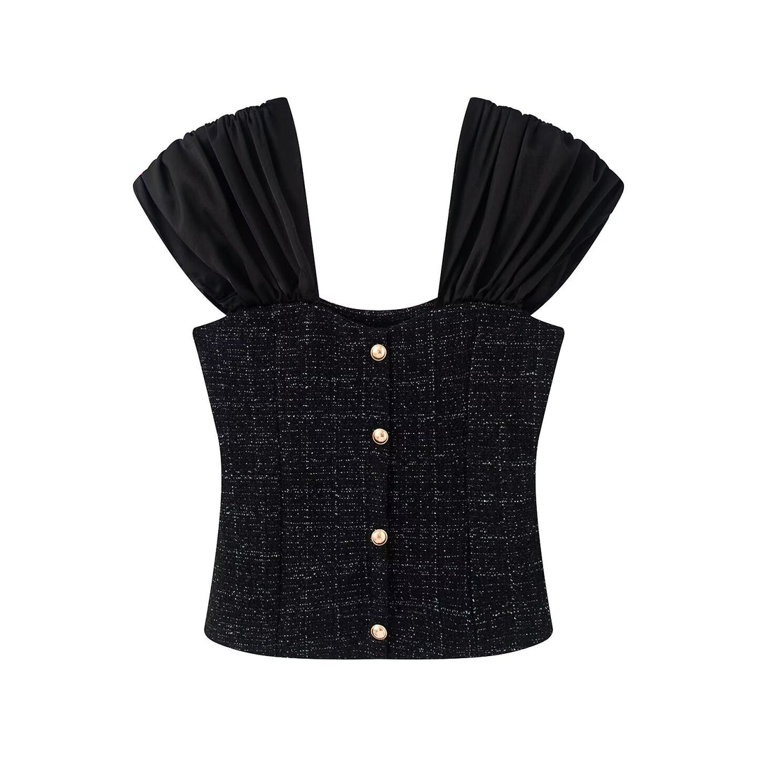 Damen Wickelbluse mit voluminösen Puffärmeln und dekorativen Knopfdetails EB