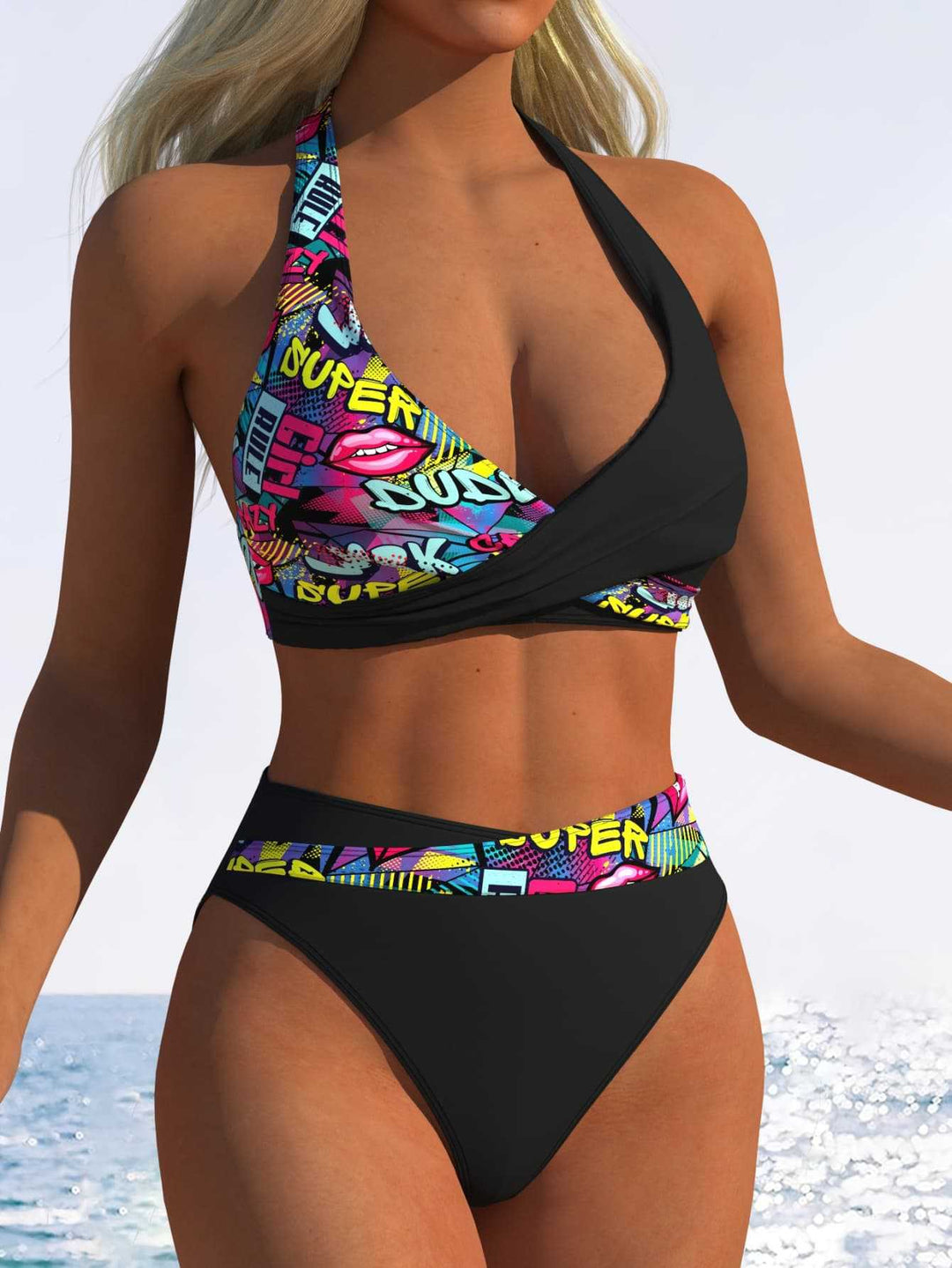 Damen Hoch geschnittenes Bikini-Set mit modischem Wickeloberteil und elastischem Bund EB