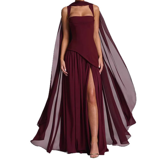 Damen Elegantes Maxikleid mit asymmetrischem Schnitt und fließendem Cape EB