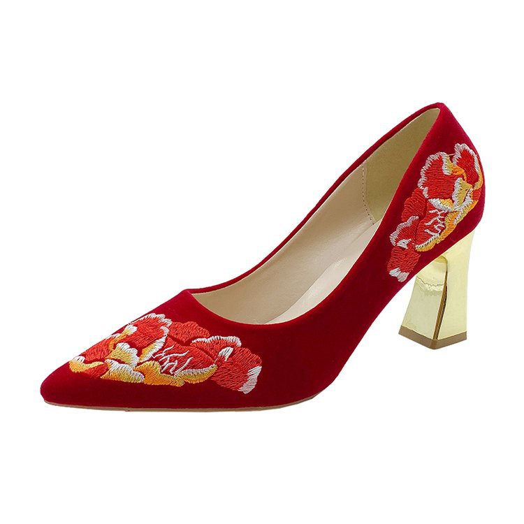 Damen Spitzen-Pumps mit floralem Stickdesign und elegantem goldfarbenen Absatz EB
