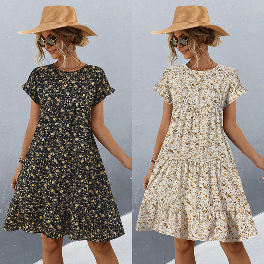 Damen Freizeitkleid mit voluminösem Rock und floralem Design EB
