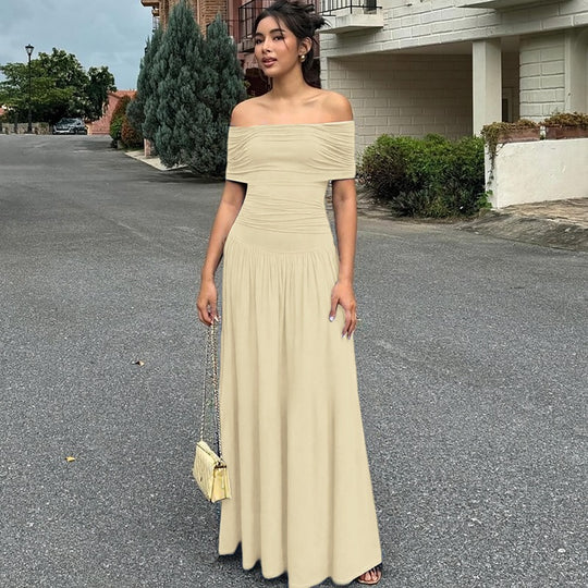 Damen Elegantes Maxikleid mit schulterfreiem Design und Raffung EB