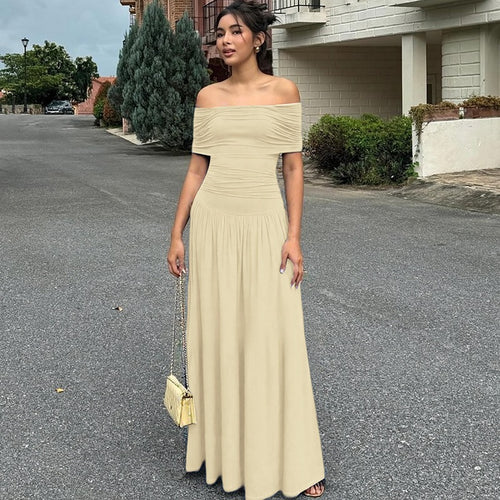 Damen Elegantes Maxikleid mit schulterfreiem Design und Raffung EB