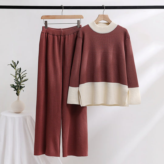 Damen elegantes Strick-Loungewear-Set mit weitem Bund und dekorativem Kragen EB