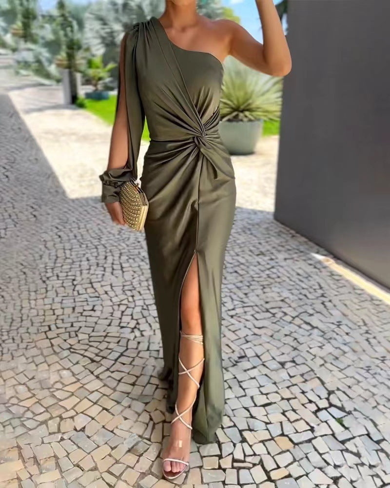 Damen Elegantes Wickelkleid mit asymmetrischem Ausschnitt und seitlichem Schlitz EB