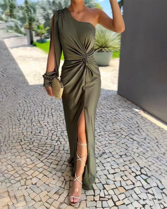 Damen Elegantes Wickelkleid mit asymmetrischem Ausschnitt und seitlichem Schlitz EB