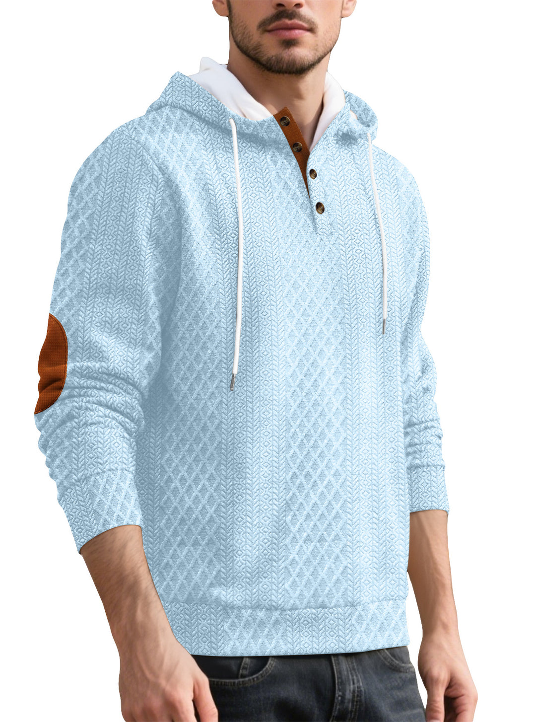 Herren nan Diamond-Struktur Kapuzenpullover mit Kurzknopfleiste, gesteppter Kapuzeninnenkante und Wildleder-Ellbogenpatch EB