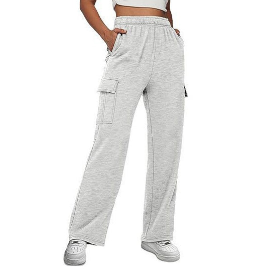 Damen nan lässige Cargo-Freizeithose mit weitem Bein elastischem Bund und aufgesetzten Taschen EB