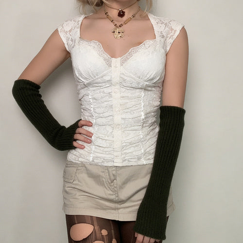 Damen Spitzen-Cropped-Top mit elegantem V-Ausschnitt und Rüschendetails EB