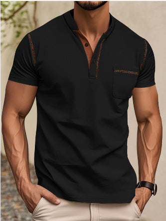 Herren nan modernes Kurzarm-Henley mit Stehkragen, Kontrastnähten und aufgesetzter Brusttasche EB