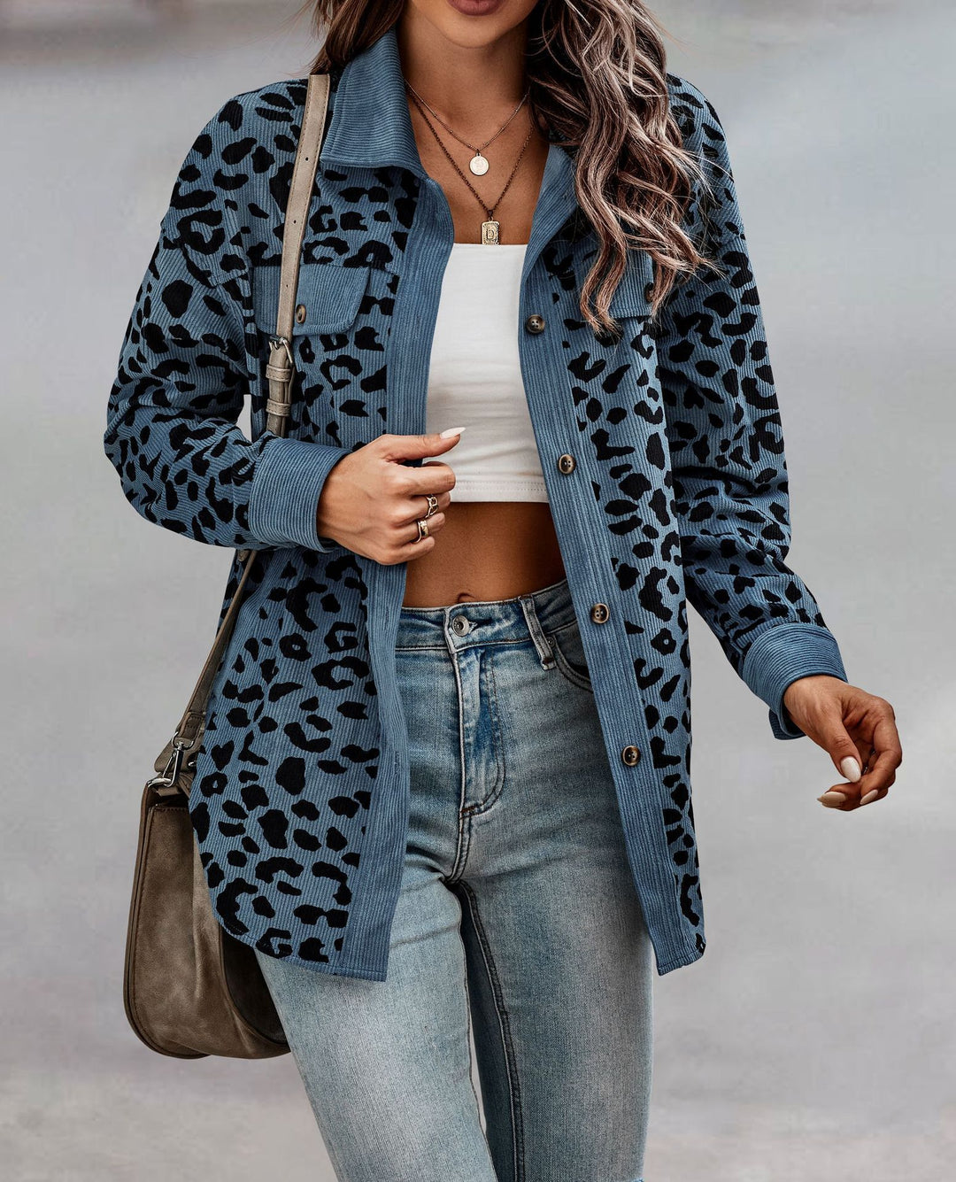 Damen gestreifter Hemdenjacke mit Leopardenmuster EB