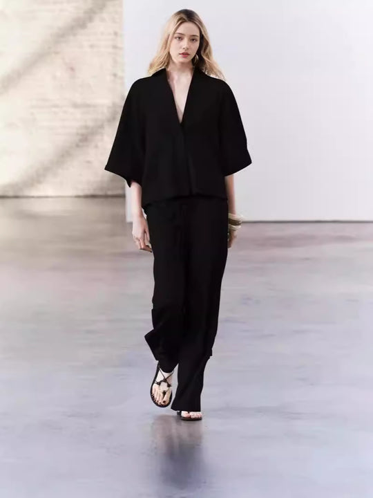 Damen elegantes Blusen und Hose Ensemble aus atmungsaktivem Stoff EB