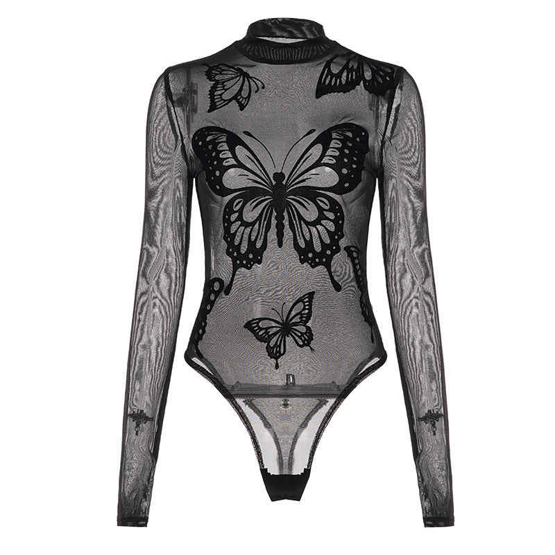 Damen Elegantes Bodysuit mit feinen Schmetterlingsmotiven und transparentem Stoff EB