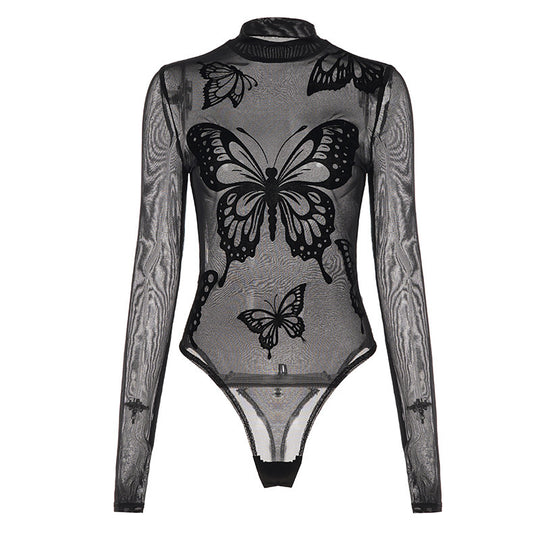 Damen Elegantes Bodysuit mit feinen Schmetterlingsmotiven und transparentem Stoff EB