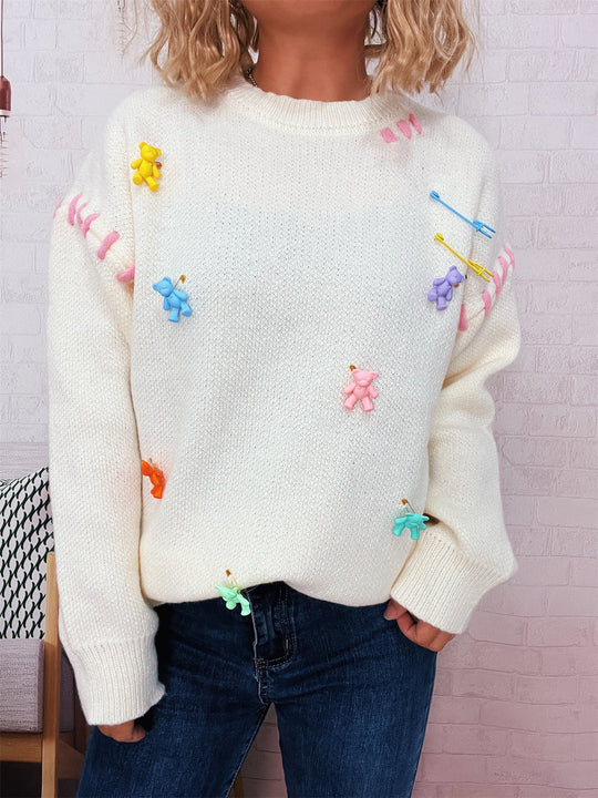 Damen Pullover mit verspieltem Bären-Motiv und dekorativen Applikationen EB