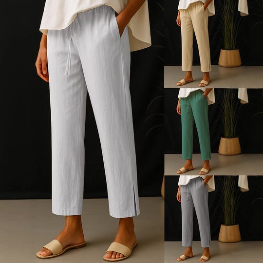 Damen Casual-Chino Leinenoptik Culotte mit elastischem Tunnelzugbund und Eingrifftaschen EB