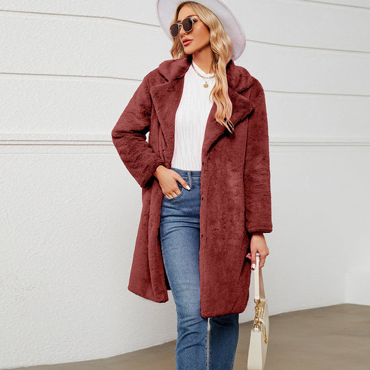 Damen Flauschiger Langmantel mit elegantem Revers EB