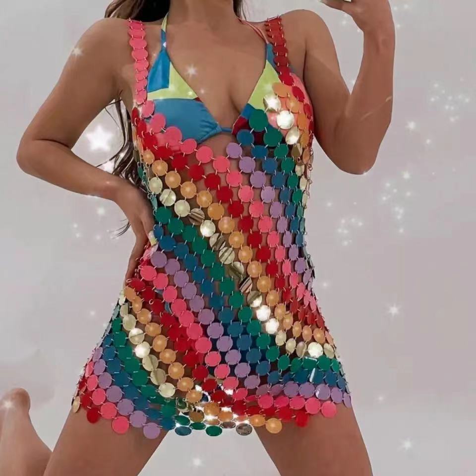 Damen Glamouröses Pailletten-Kleid mit tiefem V-Ausschnitt und funkelndem Design EB
