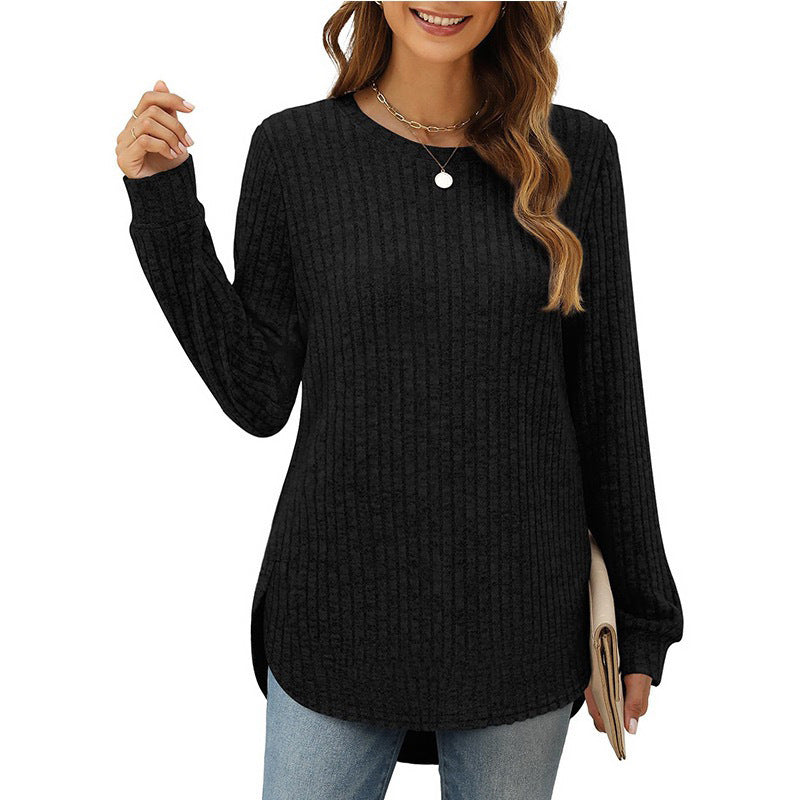 Damen lässiges Langarmshirt mit Rippstruktur und seitlichen Schlitzen EB