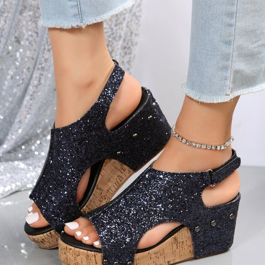 Damen Funkelnde Sandaletten mit modischem Kork-Design EB