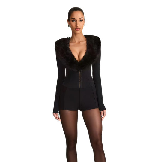Damen Jumpsuit mit königlichem Fellkragen und figurbetontem Schnitt EB