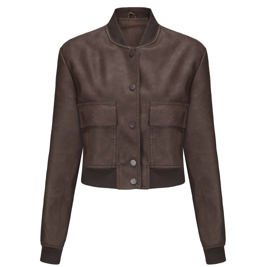 Damen nan kurze Crop-Kunstlederjacke im Blousonstil mit Druckknopffront und aufgesetzten Pattentaschen EB