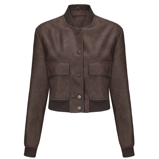 Damen nan kurze Crop-Kunstlederjacke im Blousonstil mit Druckknopffront und aufgesetzten Pattentaschen EB