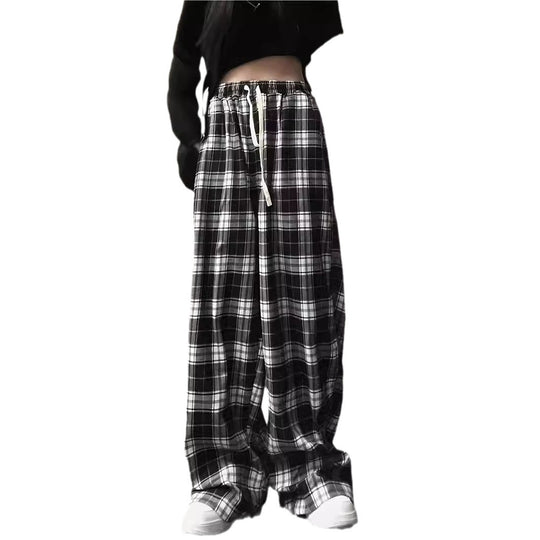 Damen Weite Karohose mit elastischem Bund und Kordelzug EB