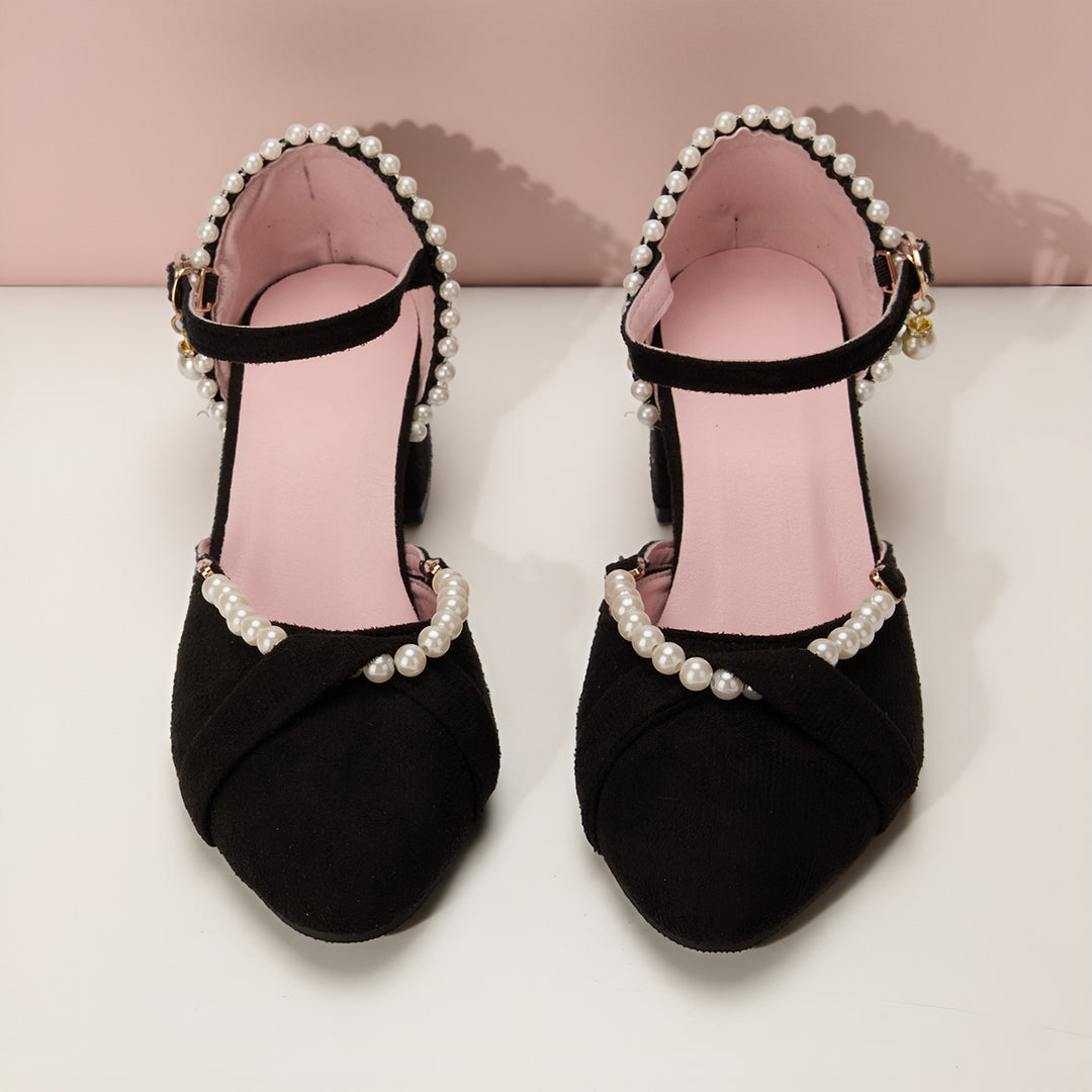 Damen Elegante Absatzsandalen mit zarter Perlenverzierung und komfortablem Blockabsatz EB