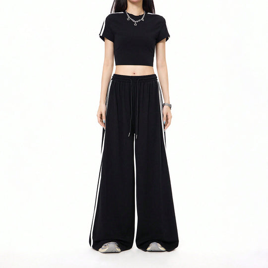 Damen lässige Highwaist weite Sweathose mit elastischem Bund, Tunnelzug und seitlichen Kontraststreifen Eichborn Berlin