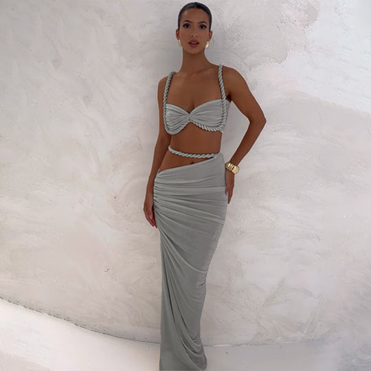 Damen Set mit crop Top und langem Rüschenrock EB