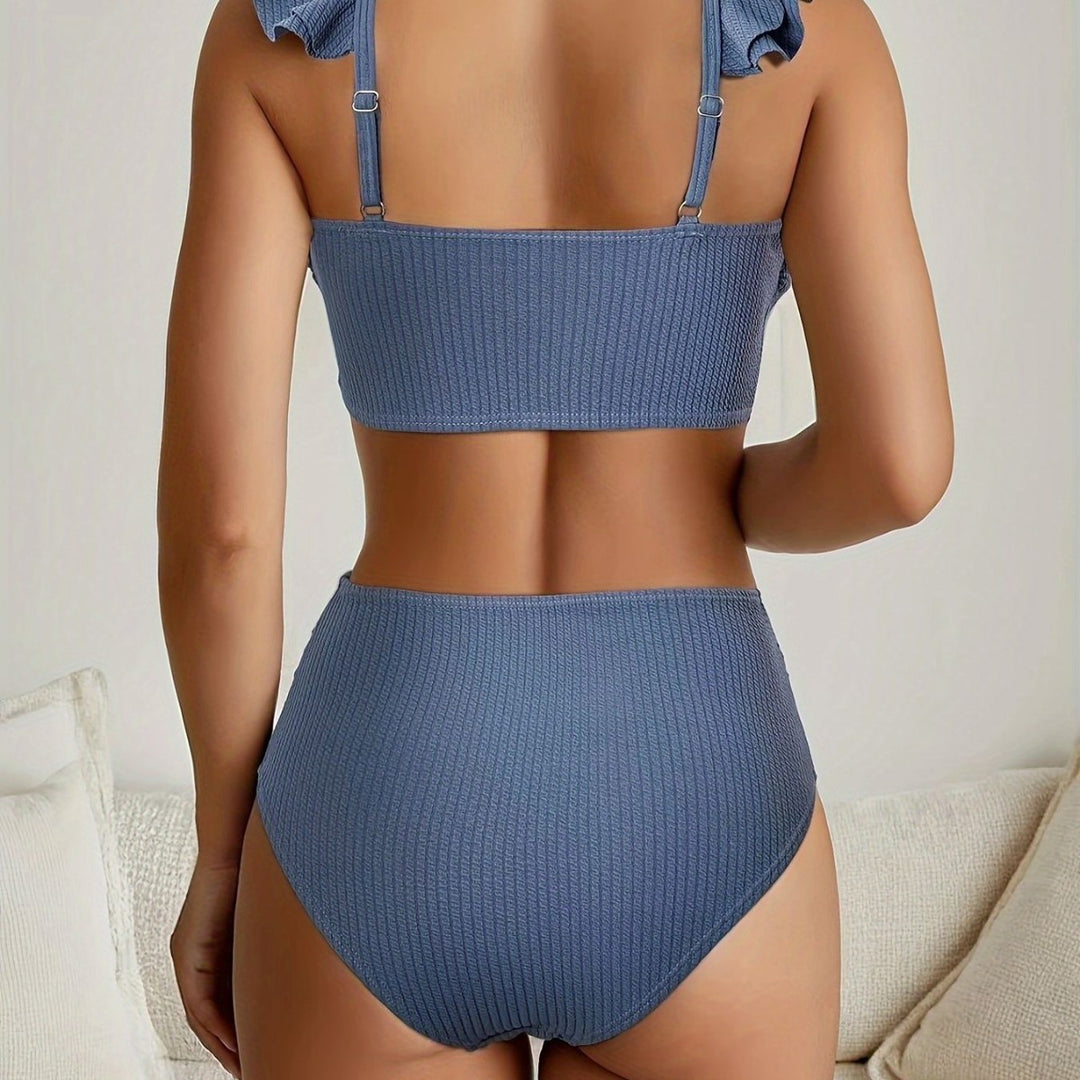 Damen Hochgeschnittenes Badeoberteil mit Rüschendetails und passendem Bikini-Unterteil EB