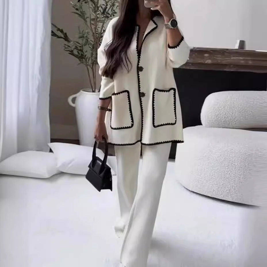 Damen elegantes Strickblazer-Set mit kontrastierenden Details EB