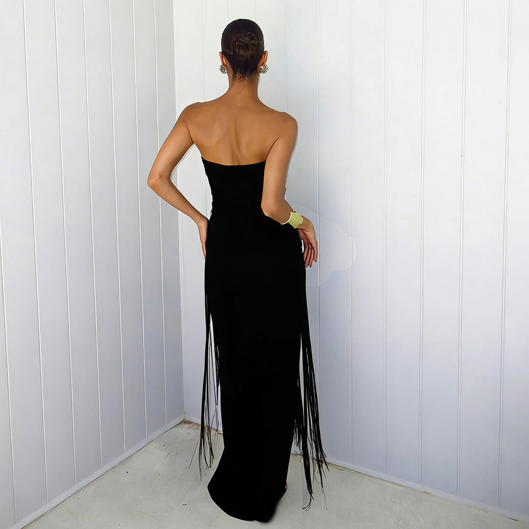 Damen Elegantes Maxi-Kleid mit Fransen und tiefem Ausschnitt EB