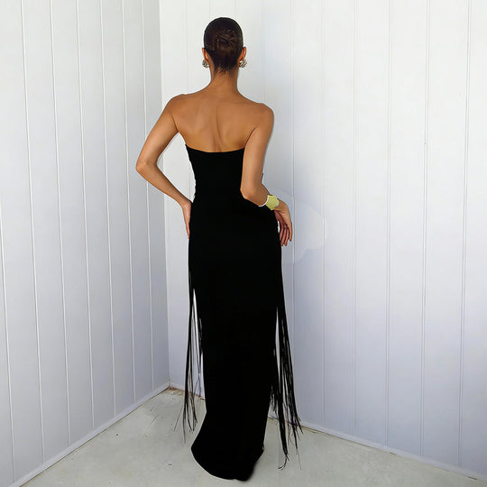 Damen Elegantes Maxi-Kleid mit Fransen und tiefem Ausschnitt EB