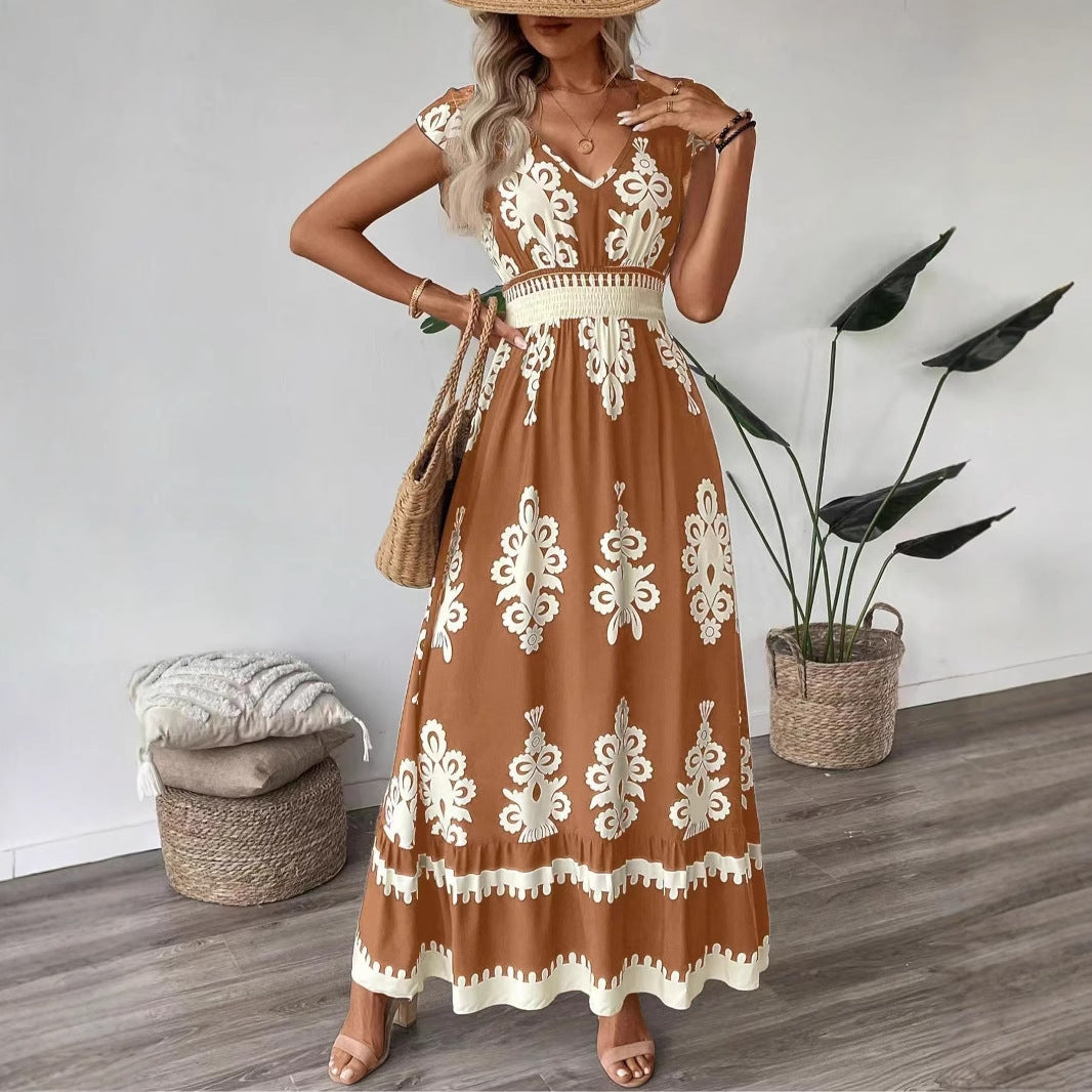 Damen Maxikleid mit V-Ausschnitt und einzigartigem floralem Design EB