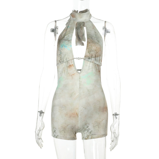 Damen eleganter Halter-Jumpsuit mit tiefem V-Ausschnitt und verspieltem Rüschendetail EB