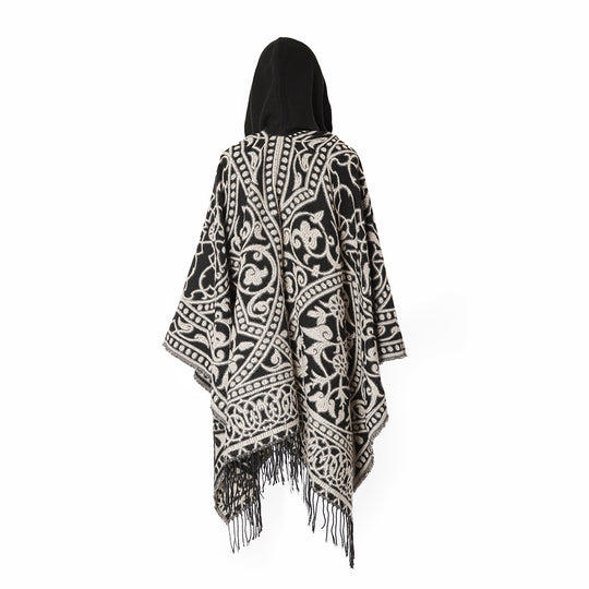 Damen Kapuzen-Ruana aus Wollmix mit Ornament-Jacquard und Fransen EB