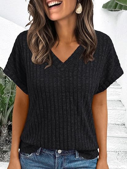 Damen lässiges V-Ausschnitt T-Shirt mit Streifenstruktur EB