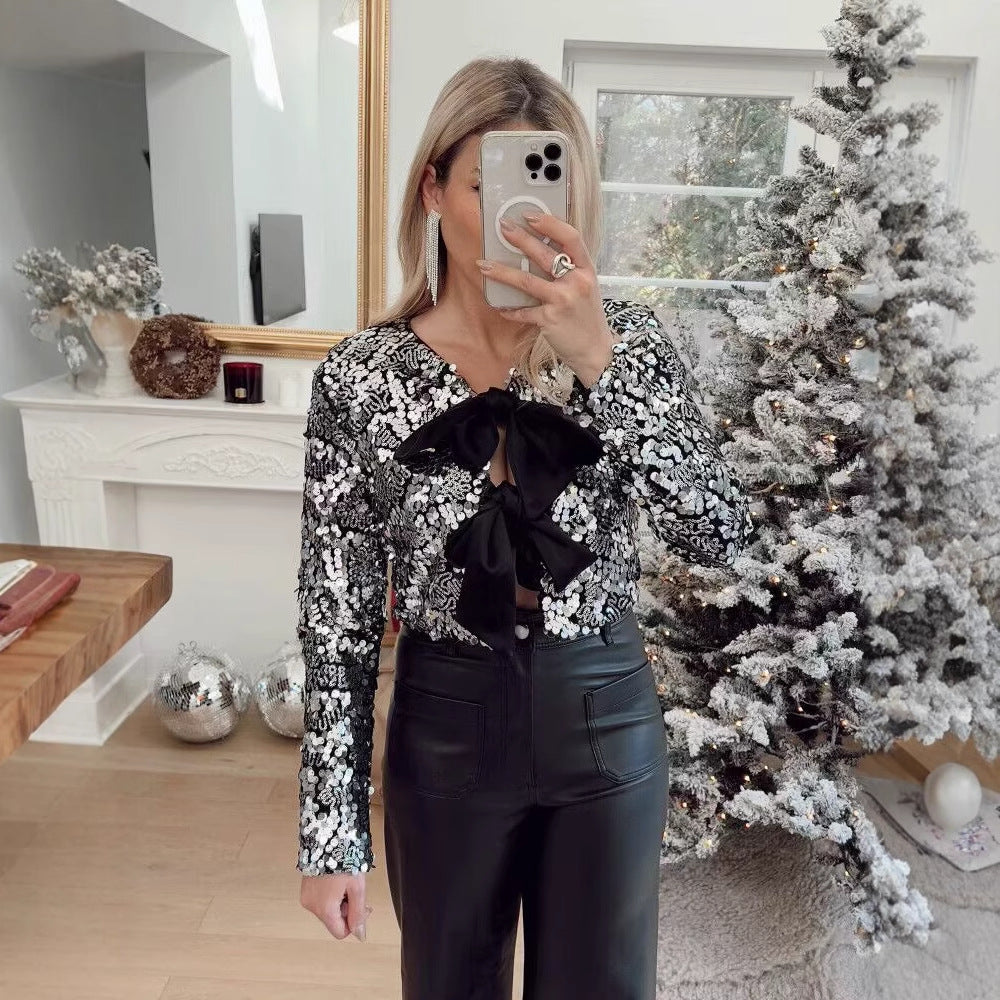 Damen elegante Lurex-Partyjacke mit Rüschen und schönen Schleifen EB