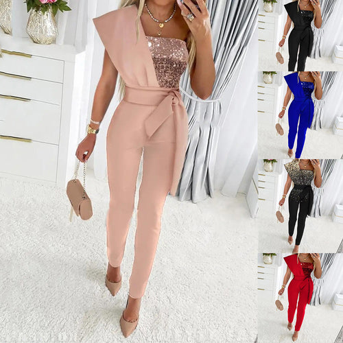Damen One-Shoulder Jumpsuit mit glitzerndem Oberteil und Taillengürtel EB
