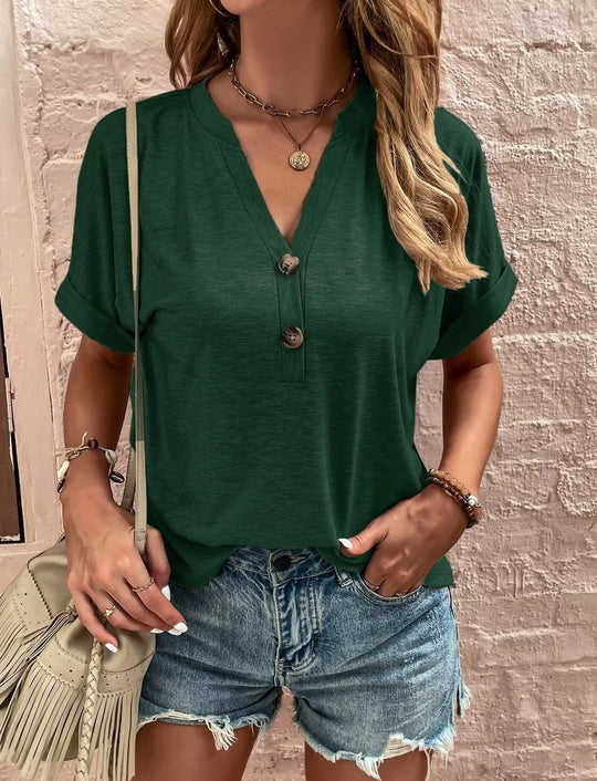 Damen legeres V-Ausschnitt T-Shirt mit Knopfleiste EB