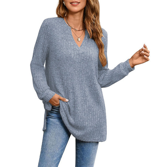 Damen Strickpullover mit V-Ausschnitt und praktischen Taschen EB
