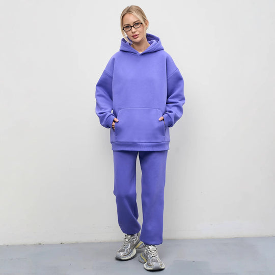 Damen lässiges Kapuzen-Sweatset aus schwerer Baumwollfleece mit Kängurutasche und gerader Jogginghose EB