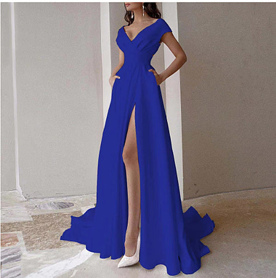 Damen elegantes Maxikleid mit tiefem V-Ausschnitt und seitlichem Schlitz EB