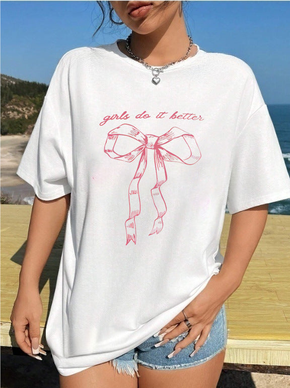Damen T-Shirt mit kreativem Katzenmotiv und verspielter Schleife EB