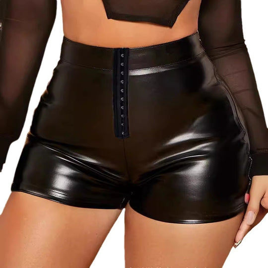Damen Kunstleder Shorts mit Spitzenverschluss EB