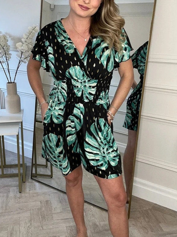 Damen Wickel-Jumpsuit mit floralem Muster und elastischem Bund EB